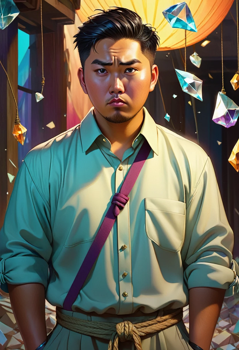 a 27 year old asian malay chinese male, tanned skin, chubby, cute and charming expression, work clothes with tied up sleeves, slightly confused look on face, looking at crystal shards, high quality, masterpiece, studio lighting, vivid colors, concept art, digital painting