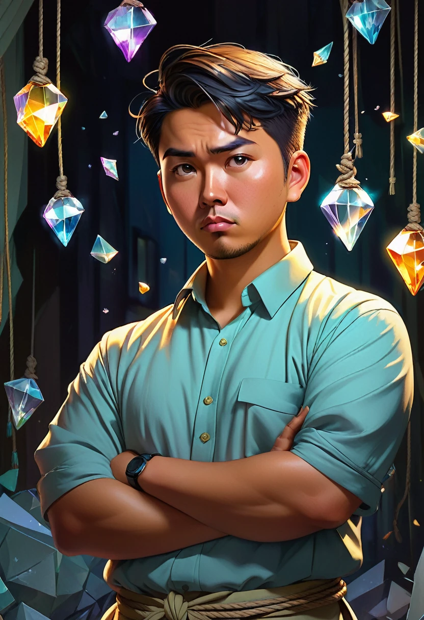 a 27 year old asian malay chinese male, tanned skin, chubby, cute and charming expression, work clothes with tied up sleeves, slightly confused look on face, looking at crystal shards, high quality, masterpiece, studio lighting, vivid colors, concept art, digital painting