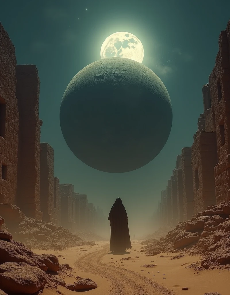 4k highly detailed realistic digital extremely high quality RAW photograph, dark arabian fantasy in the style of hp lovecraft, highly detailed sand golem he have Saturn planeta in moonlit desert ruins, dynamic light, matte painting, dynamic angle, slow shutter speed, dynamic shadows