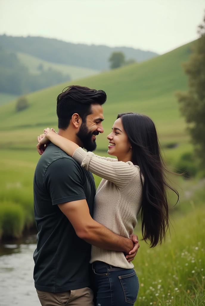 A photo of father ( Bblack hair, sem beard, ) and daughter ( Youngh, long black hair, age 28 ) having fun , in the countryside where they live