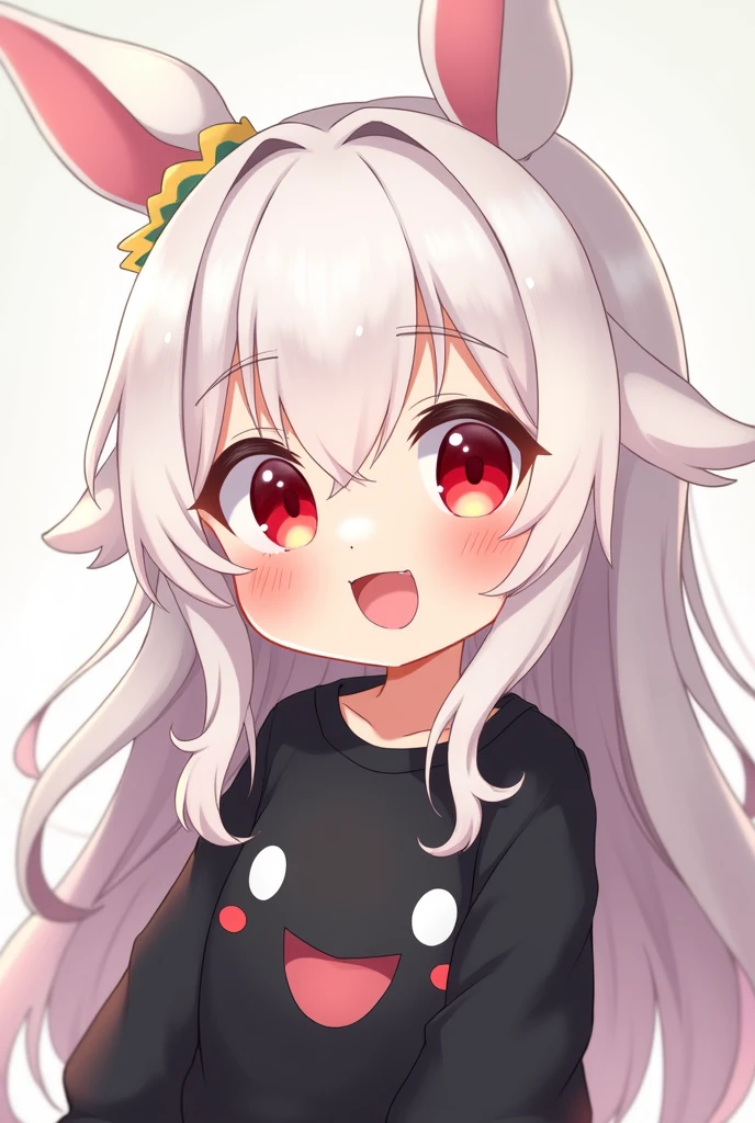 Chibi anime girl with long white hair and red eyes wearing a very cheerful black sweatshirt