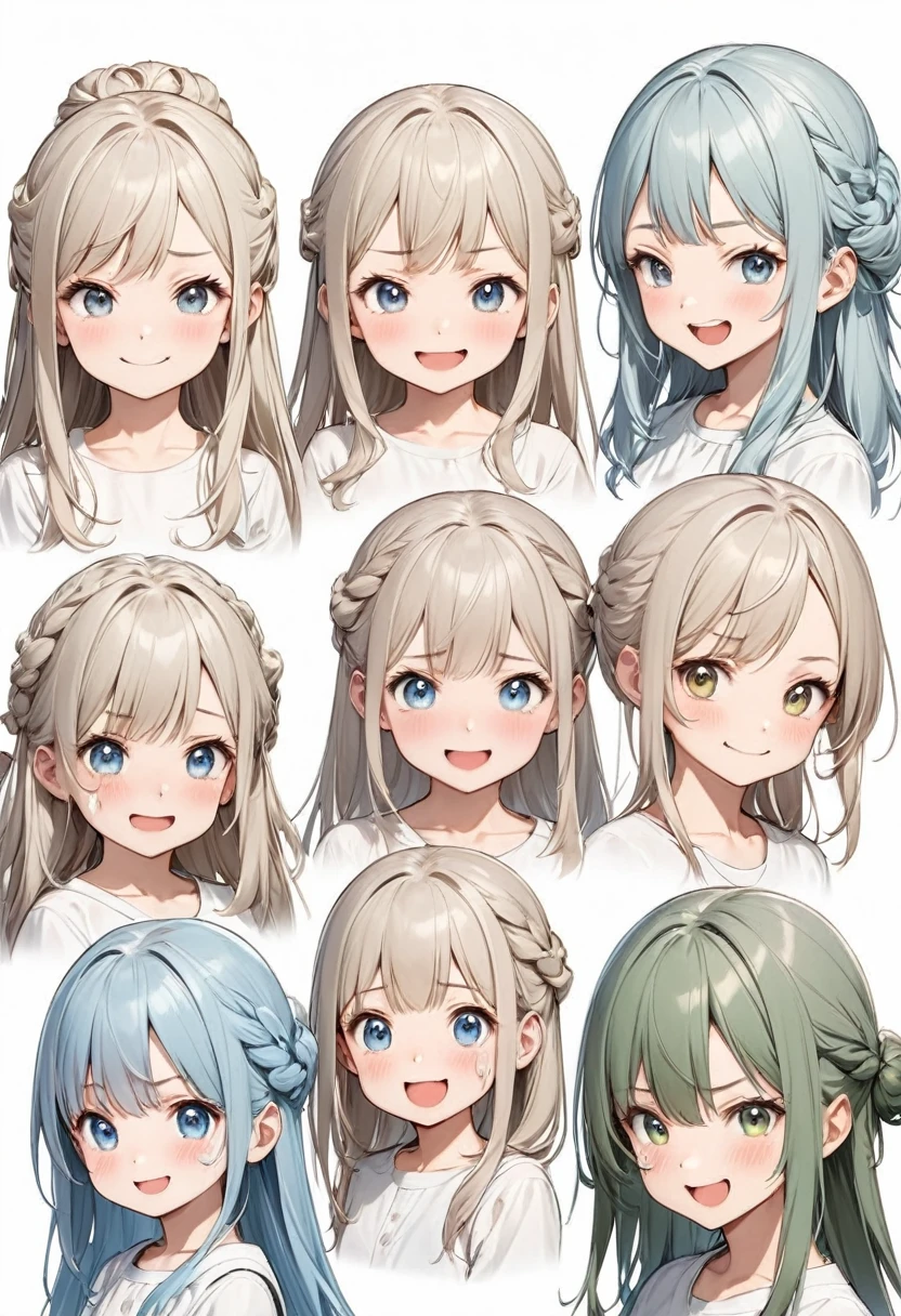  Accurate perfect anatomy of eight very cute little girls with different expressions, anime character image poses, light blue long hair, very cute little girl with different expressions, kaki pants and different colored fir clothes (Hairstyle light basket long hair) White background, detailed drawing, front view, side view, three-quarter view, smiling face, smiling, angry, happy, crying face, cute, exaggerated, different expressions, lifelike depiction, perfect artistic design, accurate, perfect ???????, complex, extremely delicate texture, clear and detailed animation