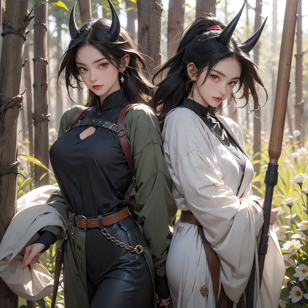Medieval, fantasy world, animal ears, tail, black hair, 1girl, gloves, traditional media, belt, boots, multicolored hair, shirt, white shirt, full body, long hair, fingerless gloves, no clothes, random sex poses, Behind the girl stands tall guy, brunette hair, blue eyes, guy puts cock in her, cock in girl's vagina, emotion ahegao, pleasure no censorship, good anatomy
