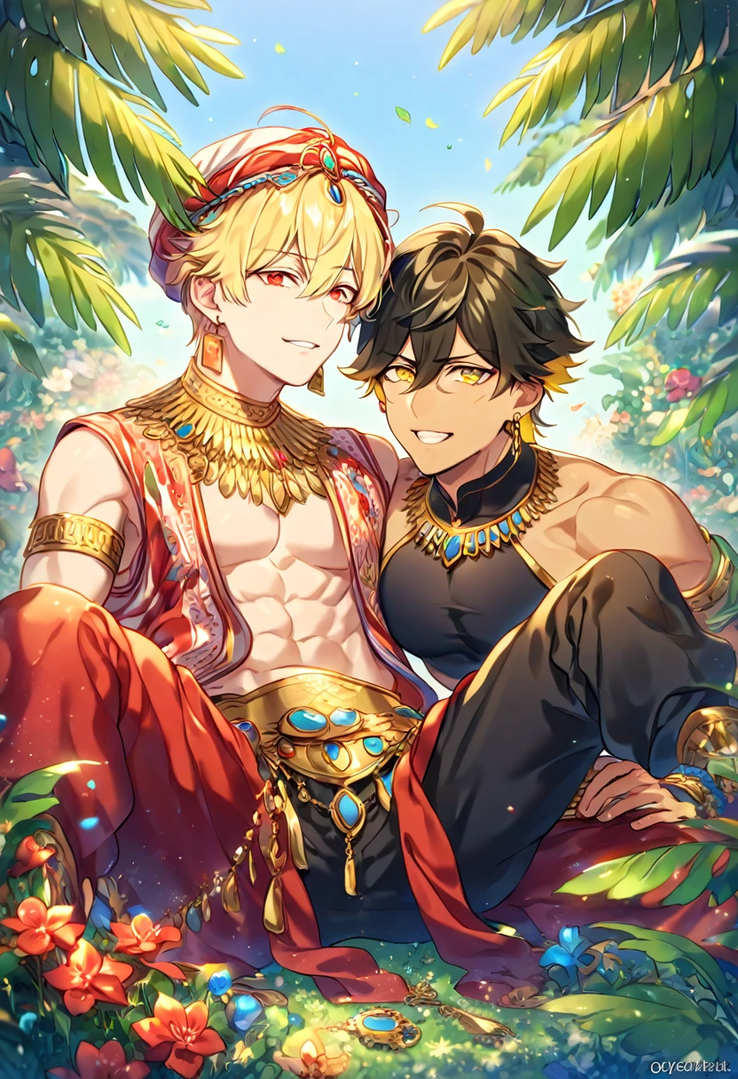 an interracial gay male couple of men in full royal garb romantic embrace, fully clothed, nice pants, face to face, european and african, homoerotic, darius zawadzki and tom bagshaw, inspired by Hedi Xandt, brown skin man egyptian prince, by Hedi Xandt, edmund blair and charlie bowater, inspired by Frederick Lord Leighton, wlop and andrei riabovitchev, charlie bowater and mark brooks, tom holland, full body, interracial gay men, brownskin shortcurlyafro, caucasian tsar of Russia short hair, jeweled loin guard, rendering, digital painting, Imperial coat of arms Russia, males only, beautiful attractive antique kings male lovers.