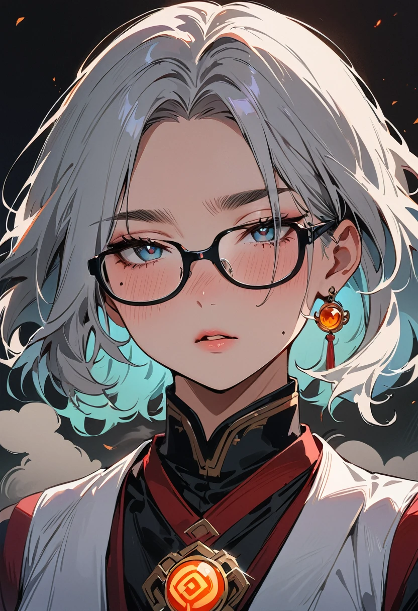 (masterpiece, best quality:1.4), 1 girl, 独奏, Anime style, Dark gray pupils, Blurred eyes, Black-rimmed glasses, Large scars on the face, Large scars, Right tear mole, Gray short hair style,, large breasts, White vest, steam, Vision, black background.