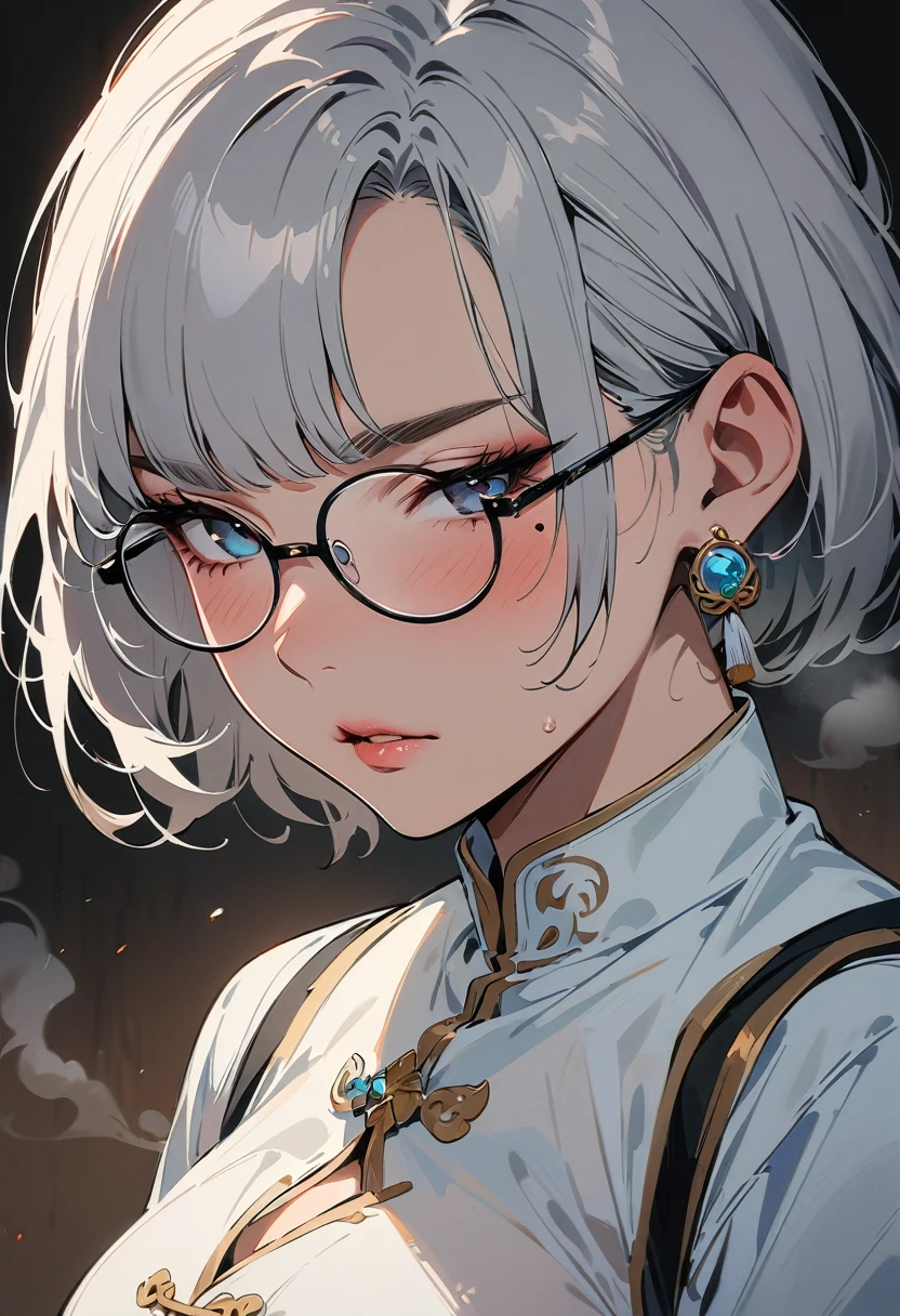 (masterpiece, best quality:1.4), 1 girl, 独奏, Anime style, Dark gray pupils, Blurred eyes, Black-rimmed glasses, Large scars on the face, Large scars, Right tear mole, Gray short hair style,, large breasts, White vest, steam, Vision, black background.