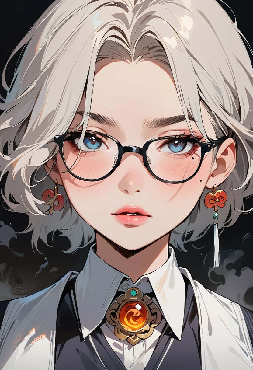 (masterpiece, best quality:1.4), 1 girl, 独奏, Anime style, Dark gray pupils, Blurred eyes, Black-rimmed glasses, Large scars on the face, Large scars, Right tear mole, Gray short hair style,, large breasts, White vest, steam, Vision, black background.