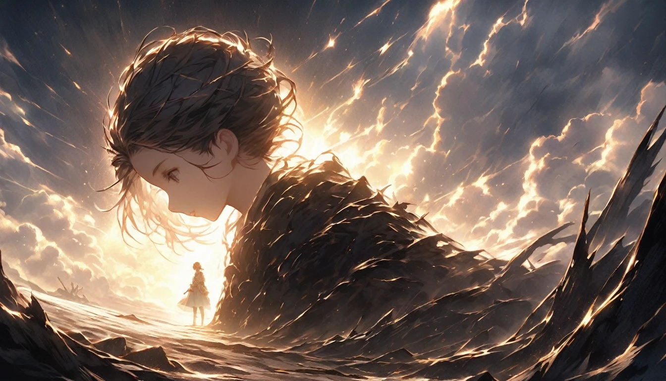 A dramatic scene featuring a lone figure standing at the edge of a vast, shadowy abyss, with cracks running through the ground beneath them, symbolizing internal struggles and the weight of doubts. Behind the figure, a warm, radiant light begins to break through the darkness, casting long shadows and highlighting the path forward. The figure is shown in mid-motion, as if taking a bold step towards the light, with one hand reaching forward, symbolizing the decision to break free and find where they belong. The environment around them is barren, with a few remnants of broken chains or shattered masks lying on the ground, representing the shedding of past fears and pretenses. The sky above is dark with swirling clouds, but there’s a clear break where the light shines through, offering a sense of hope and renewal. The overall composition emphasizes contrast, with the figure poised between the darkness of their past and the light of a hopeful future. The mood is intense, yet uplifting, reflecting determination and the courage to move forward.
