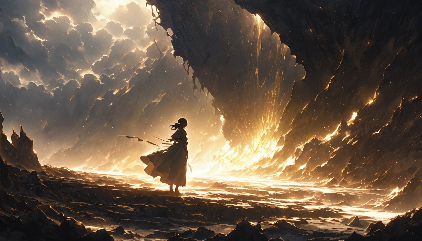 A dramatic scene featuring a lone figure standing at the edge of a vast, shadowy abyss, with cracks running through the ground beneath them, symbolizing internal struggles and the weight of doubts. Behind the figure, a warm, radiant light begins to break through the darkness, casting long shadows and highlighting the path forward. The figure is shown in mid-motion, as if taking a bold step towards the light, with one hand reaching forward, symbolizing the decision to break free and find where they belong. The environment around them is barren, with a few remnants of broken chains or shattered masks lying on the ground, representing the shedding of past fears and pretenses. The sky above is dark with swirling clouds, but there’s a clear break where the light shines through, offering a sense of hope and renewal. The overall composition emphasizes contrast, with the figure poised between the darkness of their past and the light of a hopeful future. The mood is intense, yet uplifting, reflecting determination and the courage to move forward.