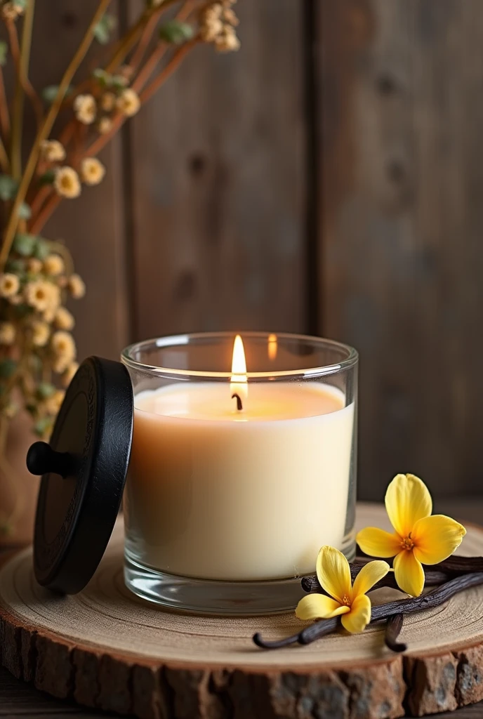 Good quality photo of vanilla scented candle in a glass jar with black lid on a rustic background