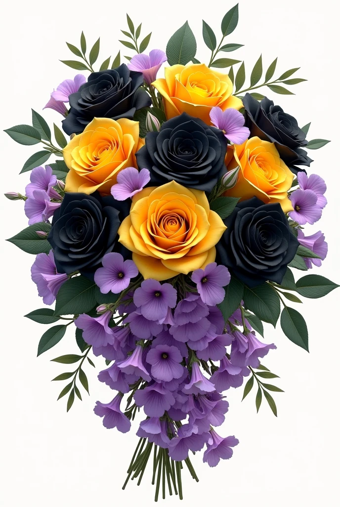 Bouquet of 30 black and yellow roses with purple petunias around the bouquet