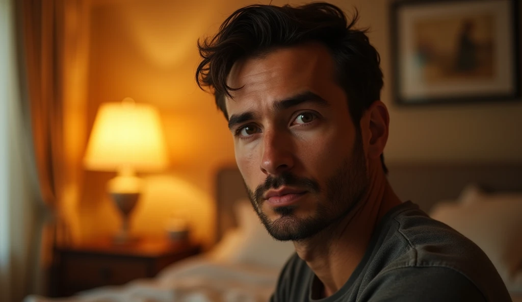 Portrait of a good-looking 35-year-old adult man, with himself as the main subject. He is in an indoor environment, suggesting a bedroom, with warm, soft lighting, suggesting the artificial light of a lamp. He should have short, slightly wavy dark brown hair and a sparse beard evenly distributed across his face, as well as a serious, thoughtful expression, looking directly at the camera. The focus should be on his face and eyes, which are slightly off center. The light should enter sideways from the left, creating soft shadows that highlight the angular features of the face. The background should be out of focus, with a soft bokeh, showing elements such as windows, a bed, a chest of drawers and a painting on the wall. The color palette should be dominated by warm tones of gold, orange and brown, creating a warm and introspective feeling. The depth of field should be wide, isolating the main subject from the background, and sharpness should be maximum in the face and eyes, while the rest of the image is blurred. The photograph must capture extreme detail, with a high-quality rendering in 8k, with professional photographic quality and attention to detail that conveys the realism of a room, introspective atmosphere, bokeh, soft and diffused lighting.