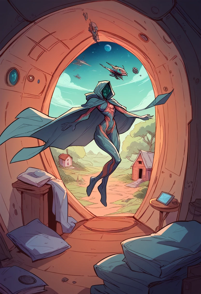 wisp, warframe, firm skin,hooded cloak,
floating,curved,cowboy shot, 
space cabin,Inside the house,Science fiction,
(insanely detaileda, work of art, best qualityer),
