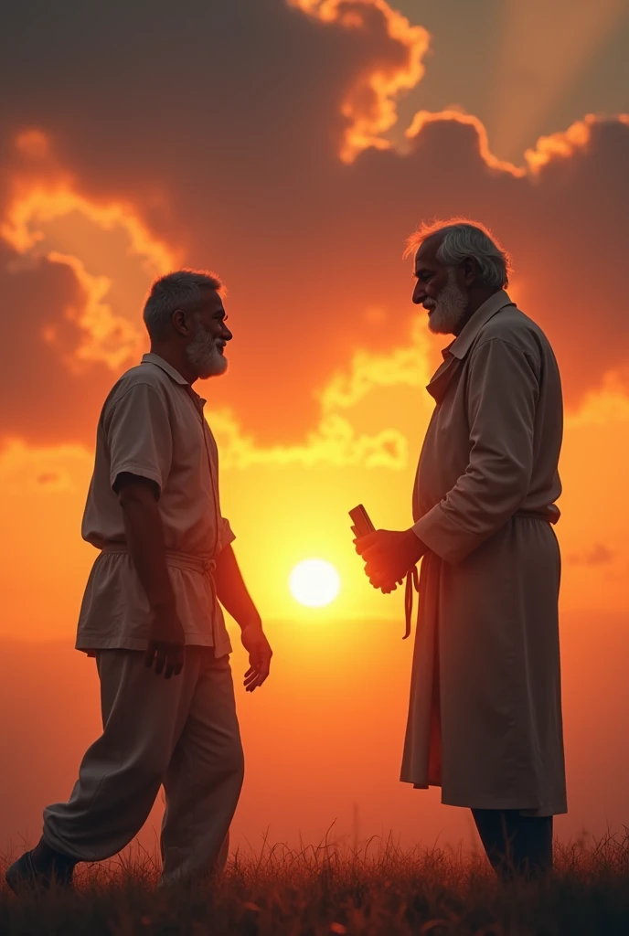 The PartingDescription: The poor man walks away, leaving the elderly man smiling behind him. The scene shows the poor man walking towards the setting sun, with a serene expression on his face, feeling spiritually fulfilled. The elderly man watches him go, still holding the wallet, with a gentle smile of respect.Key Details: Capture the sunset as a symbol of the closing day and the enlightenment both characters feel. The poor man’s posture should show relief and fulfillment, while the old man’s smile reflects admiration.