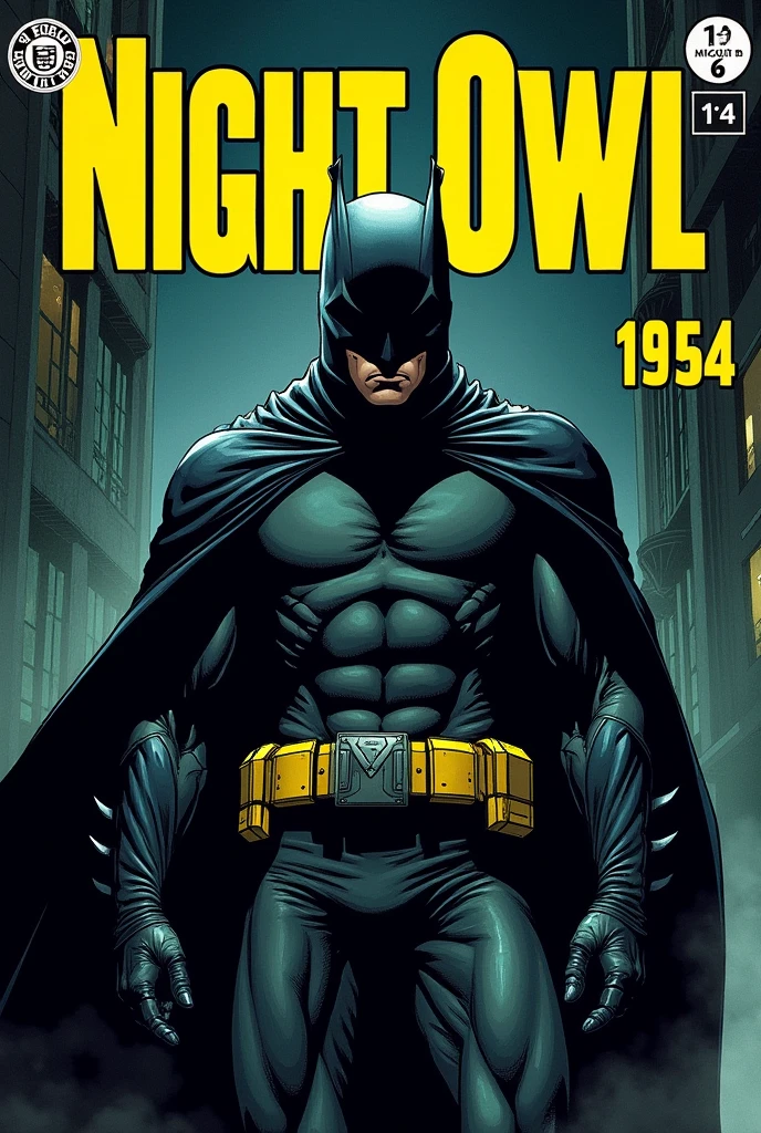 DC Comics superhero comic featuring images of a hero named Night Owl, with a dark suit in shades of black or grey, that allows you to move stealthily in the dark. The suit has tactical or functional details, wears a mask or hood that covers part of his face. He wears a dark cape on his back, A yellow multifunctional belt that can carry gadgets or tools that help you in your activity as a night watchman. He has an athletic physique, with an appearance that reflects agility and strength.
Put this character on the cover and the letters DC Comics in yellow above it. Eocomic is from the year 1954.