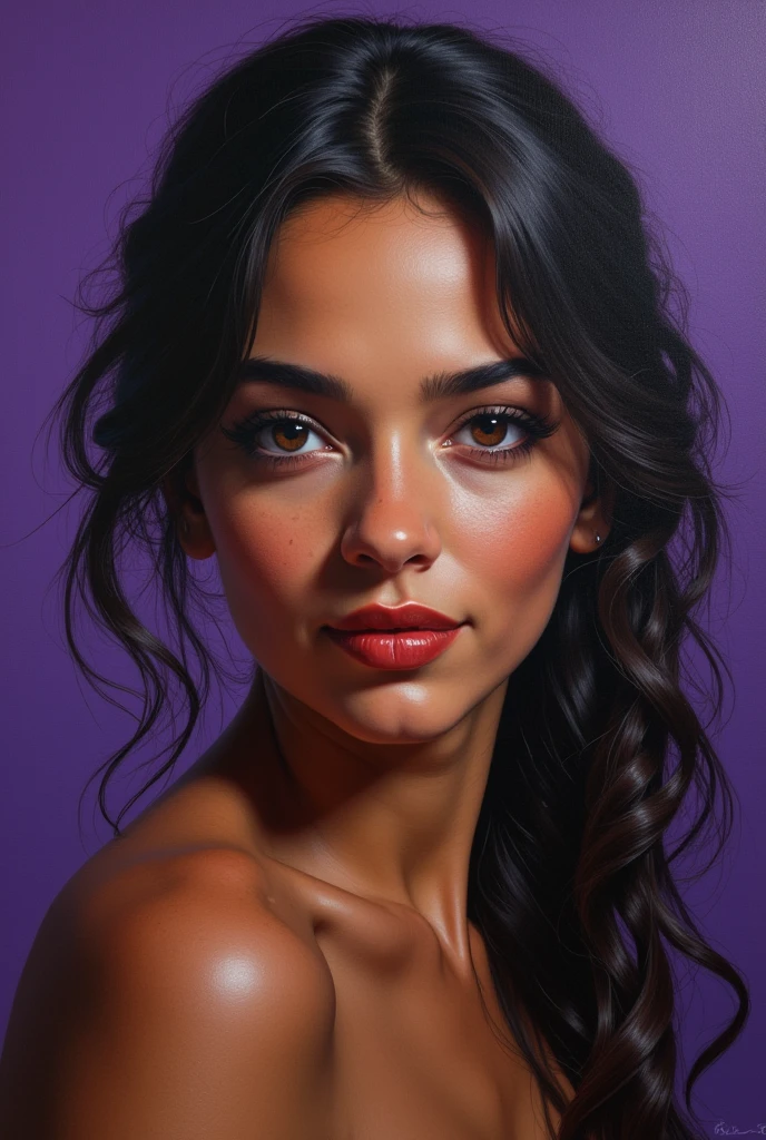 Portrait réaliste d'une fille, Jeune femme de 38 ans bresiliene, Généreuse, Autodidacte, chaleureuse, une Fabuleuse personne Hypersensible, Métropolitaine. (Noir violine). Une fille portant les traits de sa mère, une remarquable valkyrie dotée d'une immense sagesse ( Sigrun ). Une fille portant les traits de son père, un brun autoritaire et flegmatique.