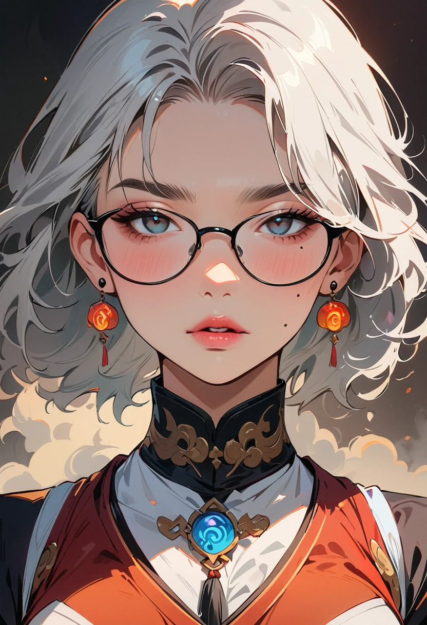 (masterpiece, best quality:1.4), 1 girl, 独奏, Anime style, Dark gray pupils, Blurred eyes, Black-rimmed glasses, Large scars on the face, Large scars, Right tear mole, Gray short hair style,, Styles of Top Portrait Artists, large breasts, White vest, steam, Vision, black background.