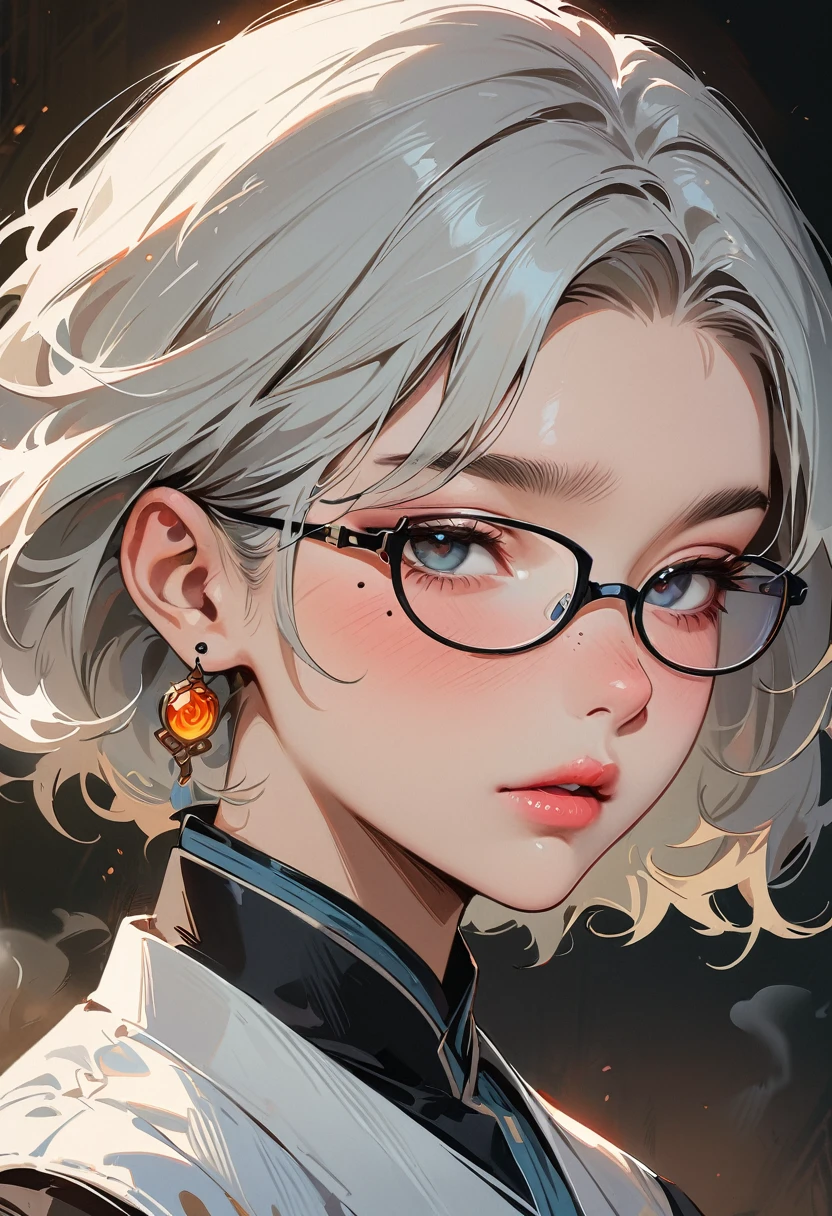 (masterpiece, best quality:1.4), 1 girl, 独奏, Anime style, Dark gray pupils, Blurred eyes, Black-rimmed glasses, Large scars on the face, Large scars, Right tear mole, Gray short hair style,, Styles of Top Portrait Artists, large breasts, White vest, steam, Vision, black background.