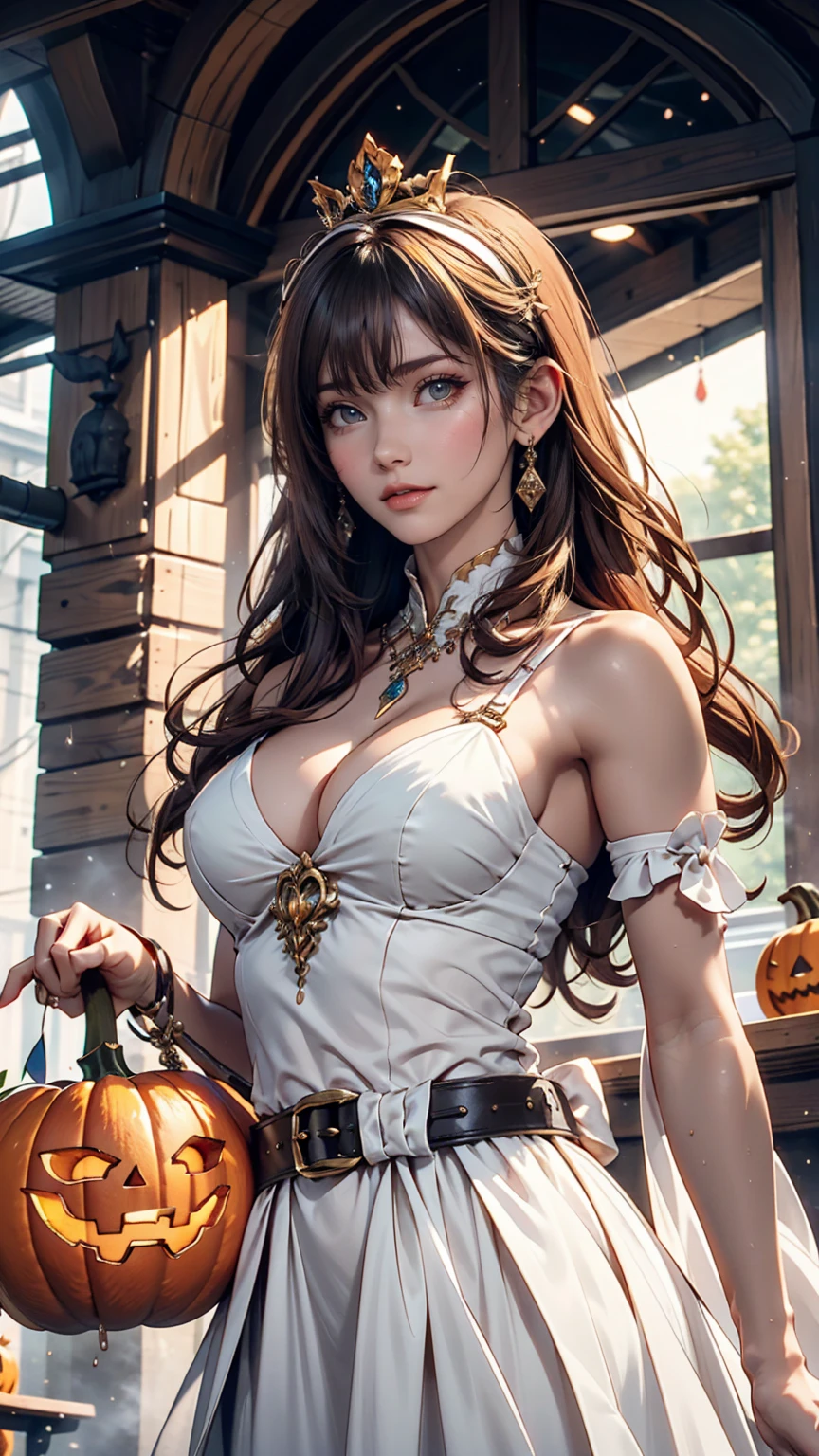 Slimeガール, (Slime), Slimeヘア ダブルおだんごヘアスタイル, Pumpkin Orange, White Princess Dress with Weapon Belt, masterpiece, Highest quality