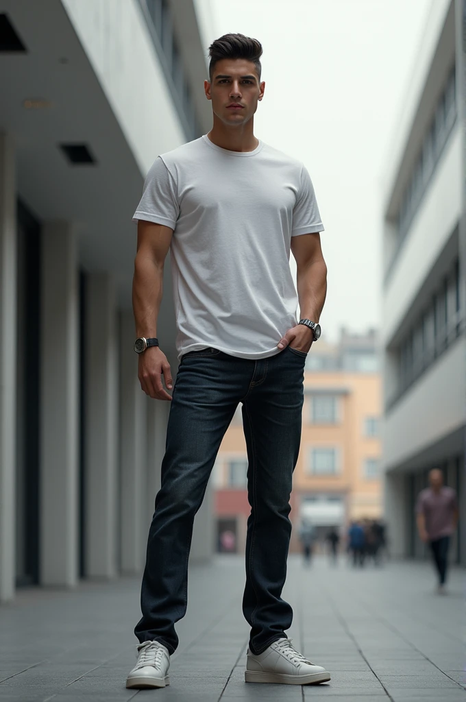 Draw a tall man in his 20s with a two-block haircut.