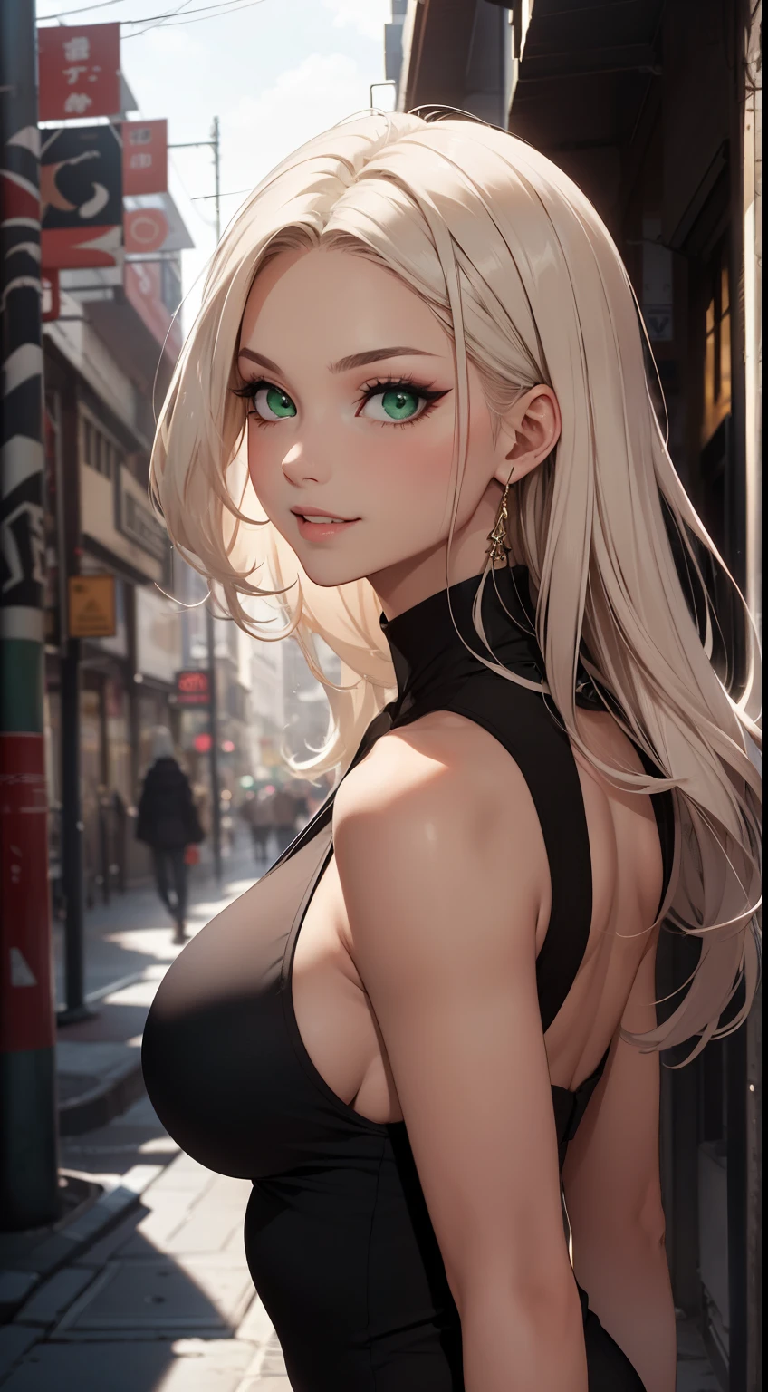 Create an image of a woman with long, flowing platinum blonde hair cascading down her back. She has vivid green eyes that exude a confident gaze, framed by long, dark lashes. Her smooth, fair skin with a slight tan complements her high cheekbones and well-defined jawline. She wears a sleek, tailored jacket over a fitted top with high-waisted pants, creating a powerful and stylish look. Standing on a bustling city street at twilight, her wide, confident smile adds a dynamic quality to her poised and captivating presence.