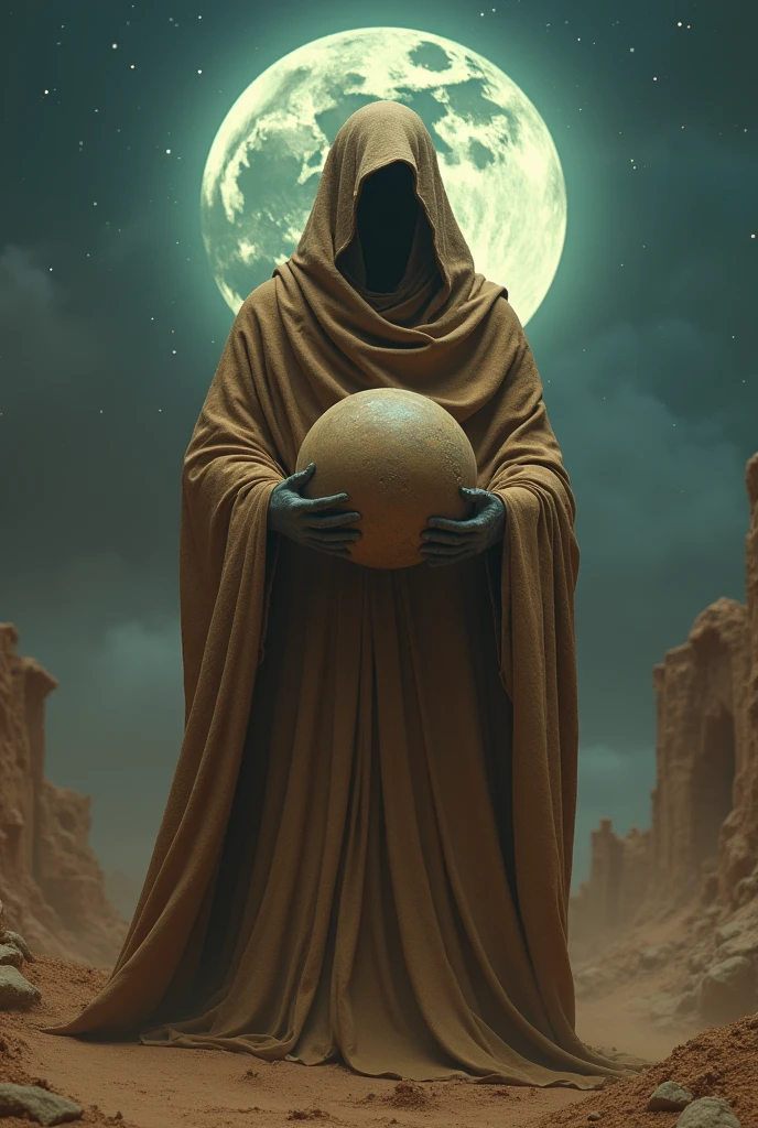 4k highly detailed realistic digital extremely high quality RAW photograph, dark arabian fantasy in the style of hp lovecraft, highly detailed sand golem he have Saturn planet in his hands moonlit desert ruins, dynamic light, matte painting, dynamic angle, slow shutter speed, dynamic shadows