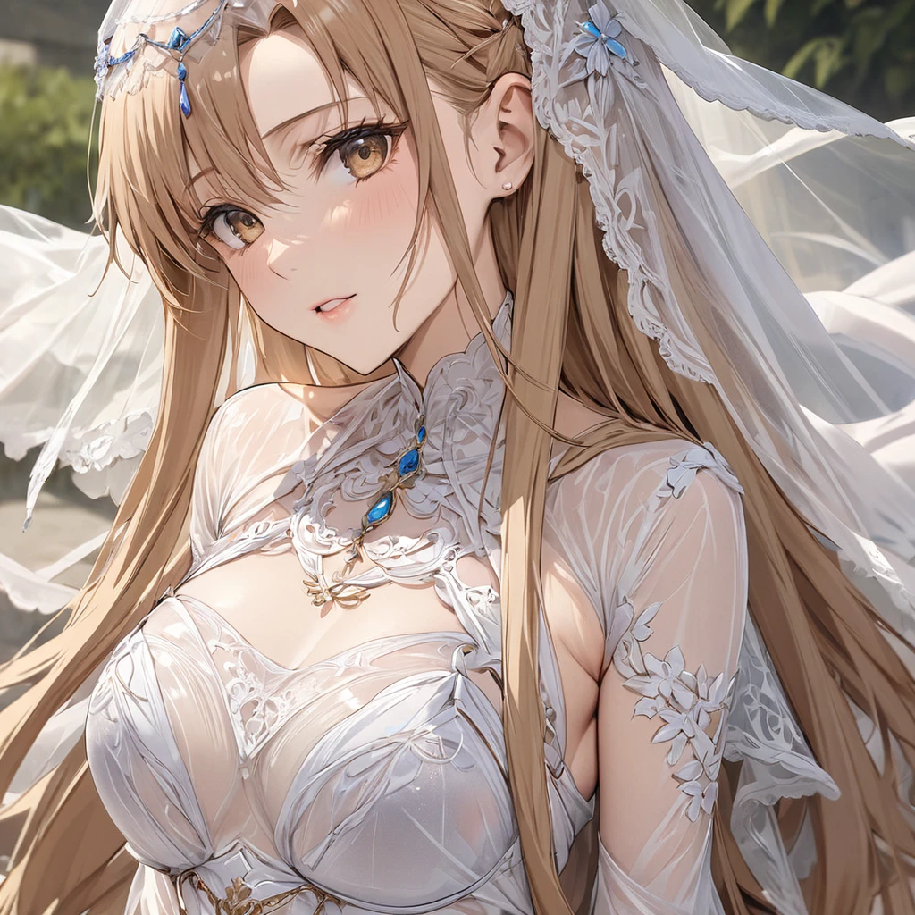 ((Highest quality)), ((masterpiece)), (detailed), （Perfect Face）、The woman is Yuuki Asuna, with light brown, semi-long hair, wearing a completely transparent outfit and veil, and adorned with luxurious accessories.