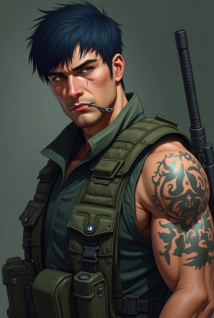 Ivan Craig, male gender, height 1,89, blue black hair, honey-colored eyes, physical appearance of an experienced soldier, wears military clothing almost always, has a scar on his face next to his mouth, he has special tattoos on his arm of the people he couldn&#39;t save who were super injured and dying
