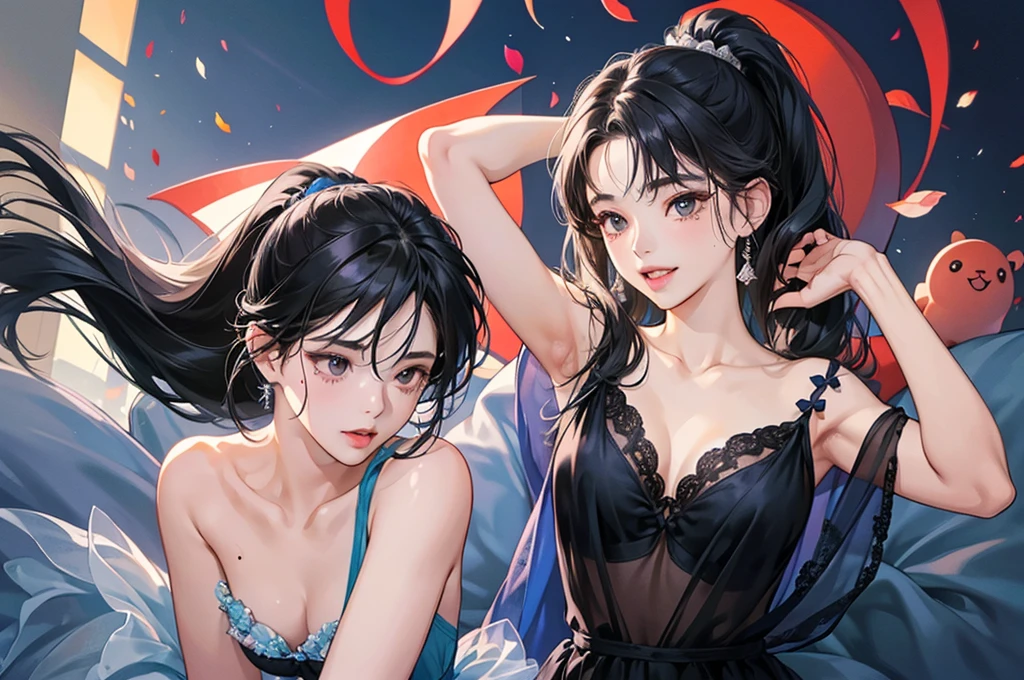 One beautiful girl、Crying Mole、Mole on the mouth、Gummy Smile、Hands behind your head、Beautiful breasts、Dark blue negligee、Black Hair、High ponytail、dusk、super high quality、Final Resolution、Best assembly、Correct body structure、High angle