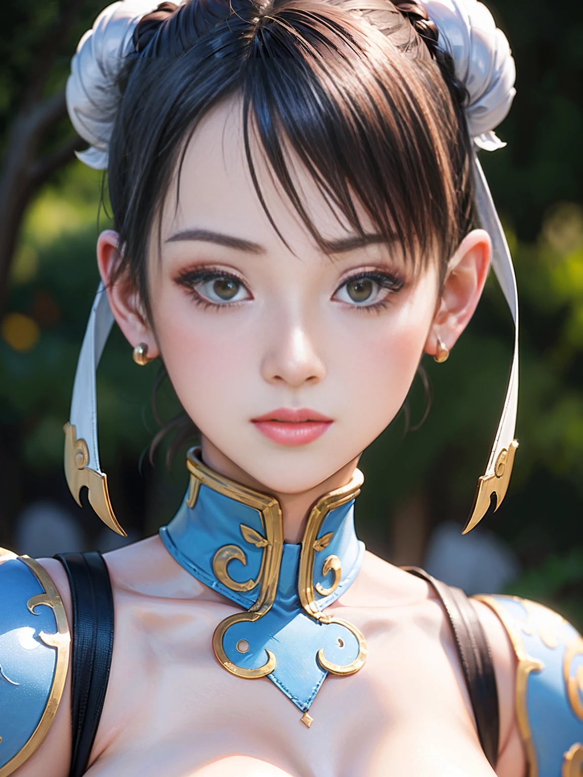 masterpiece、Highest quality、(Realistic:1.4)、(woman)、(Very short hair、)、Chun-Li's Outfit、Street Fighter Chun-Li，(Thigh-mounted holster:1.4)、(Combat Stance、Spread your legs、Raise your legs:1.4)、(Sexy thighs:1.2)、