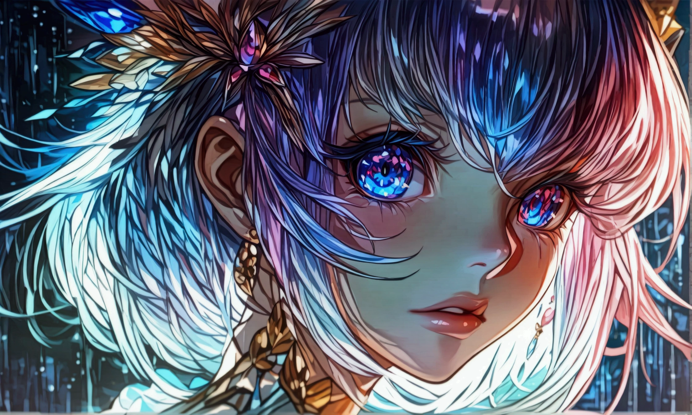 Large eye with space iris, outer space fuse, "Intricate anime character design inspired by One Piece, stunning lighting, centered character, stunning face, creative details, ultra-fine 2D design, scenery bathed in creativity, boasting 4K 2D anime resolution clarity, high-octane rendering"