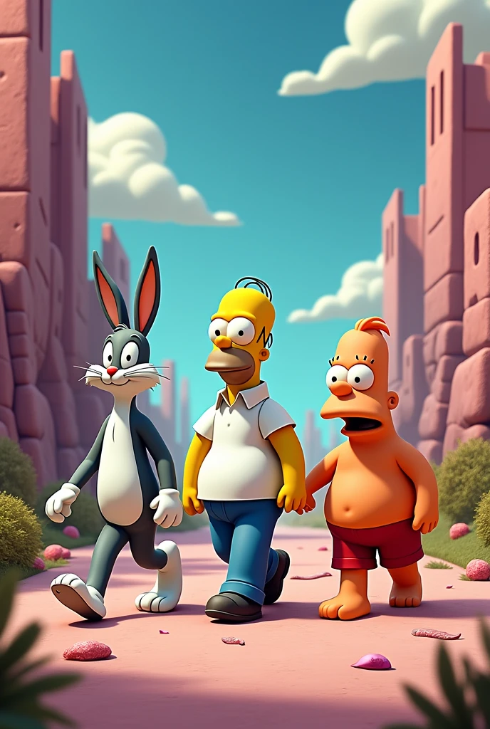 Bugs Bunny, Homer Simpson and Patrick Star walking