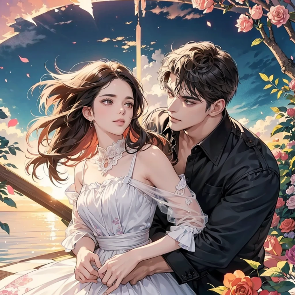 Happy couple, 1 Male 1 Female, Different hair colors, Very detailed face, A woman with long, jet-black hair tied back and black eyes., A man with short dark brown hair and dark brown eyes., Face to face, 35 years old, (A woman wearing a floral dress ), (A man in a jeans shirt is smiling.), The light is dim., Taller men, (Black-eyed woman),(A haughty, arrogant woman), (Dark brown-eyed man),Lawn garden,nighttime ,mature,rose,Pink sky , Full of flowers,The sky is dark.,Hug from behind,There was a beautiful sunset with trees in the background., colorful sky, Surreal colors, colorful sunset, colorful sky, Amazing images of the sky, dramatic sky, Dream like atmosphere 8K, colorful clouds, Colors reflected on the lake, beautiful sky, The dusk is beautiful and breathtaking., Beautiful and dreamy landscape, dramatic sky