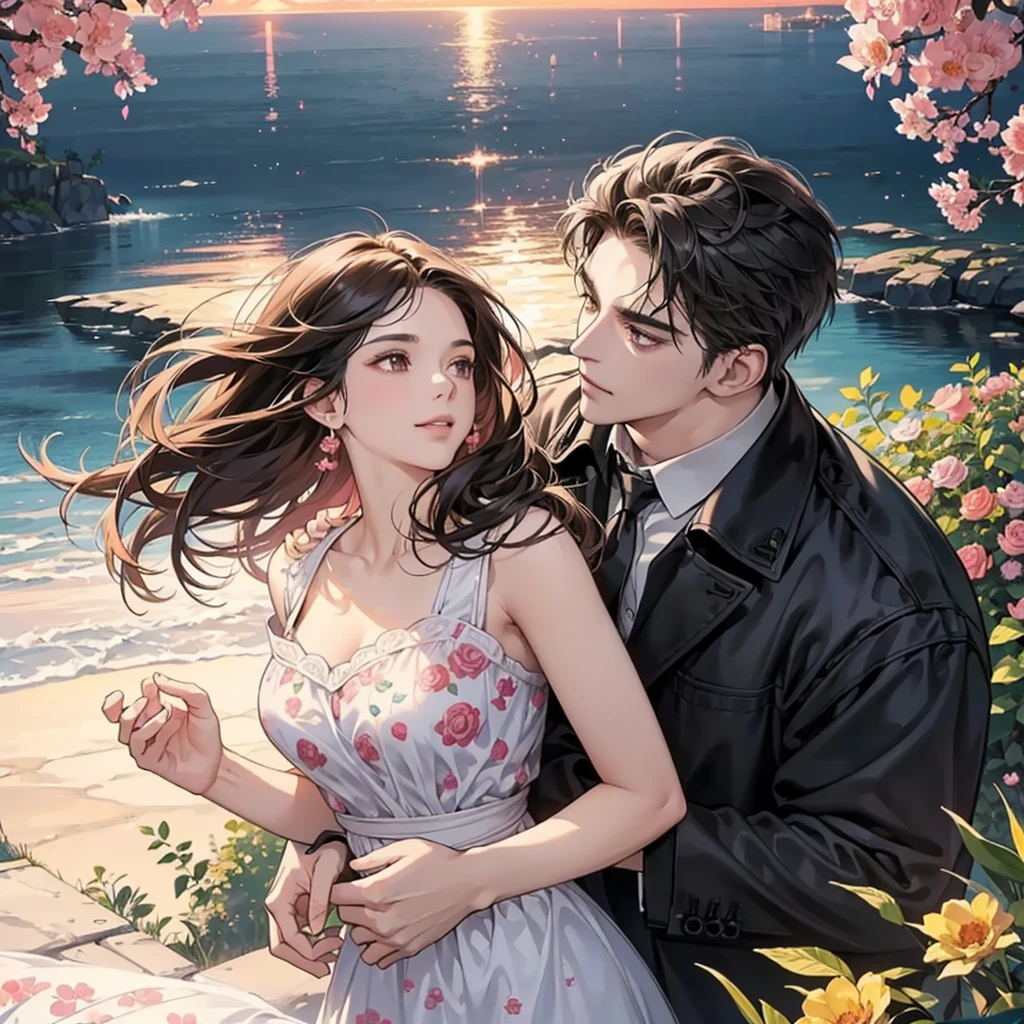 Happy couple, 1 Male 1 Female, Different hair colors, Very detailed face, A woman with long, jet-black hair tied back and black eyes., A man with short dark brown hair and dark brown eyes., Face to face, 35 years old, (A woman wearing a floral dress ), (A man in a jeans shirt is smiling.), The light is dim., Taller men, (Black-eyed woman),(A haughty, arrogant woman), (Dark brown-eyed man),Lawn garden,nighttime ,mature,rose,Pink sky , Full of flowers,The sky is dark.,Hug from behind,There was a beautiful sunset with trees in the background., colorful sky, Surreal colors, colorful sunset, colorful sky, Amazing images of the sky, dramatic sky, Dream like atmosphere 8K, colorful clouds, Colors reflected on the lake, beautiful sky, The dusk is beautiful and breathtaking., Beautiful and dreamy landscape, dramatic sky