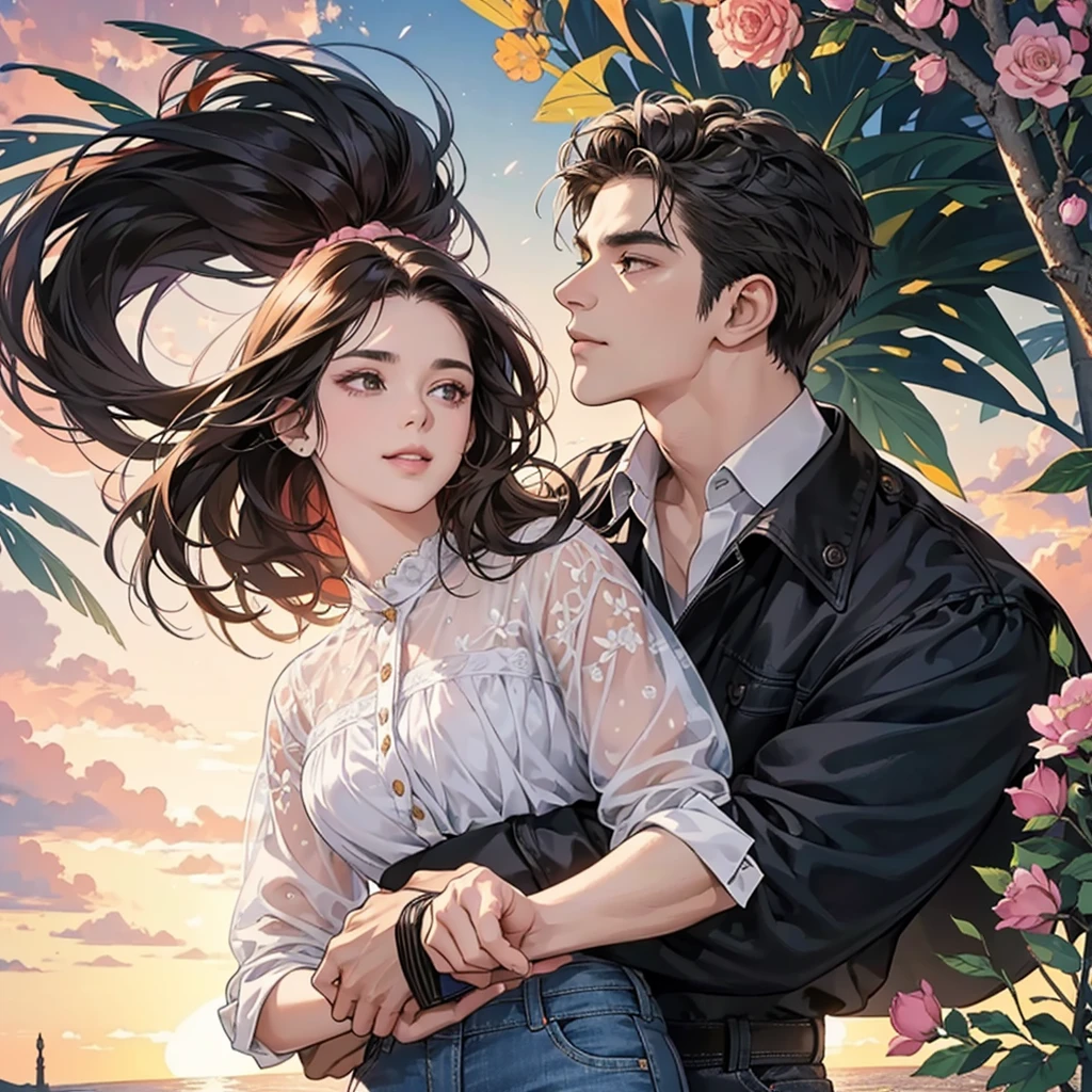 Happy couple, 1 Male 1 Female, Different hair colors, Very detailed face, A woman with long, jet-black hair tied back and black eyes., A man with short dark brown hair and dark brown eyes., Face to face, 35 years old, (A woman wearing a floral dress ), (A man in a jeans shirt is smiling.), The light is dim., Taller men, (Black-eyed woman),(A haughty, arrogant woman), (Dark brown-eyed man),Lawn garden,nighttime ,mature,rose,Pink sky , Full of flowers,The sky is dark.,Hug from behind,There was a beautiful sunset with trees in the background., colorful sky, Surreal colors, colorful sunset, colorful sky, Amazing images of the sky, dramatic sky, Dream like atmosphere 8K, colorful clouds, Colors reflected on the lake, beautiful sky, The dusk is beautiful and breathtaking., Beautiful and dreamy landscape, dramatic sky