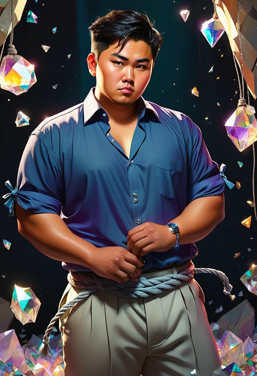 a 27 year old asian malay chinese male, tanned skin, chubby, handsome and a little quirky, work clothes with tied up sleeves, surrounded by crystal shards, perfect fingers, homo-erotic, high quality, masterpiece, studio lighting, vivid colors, concept art, digital painting
