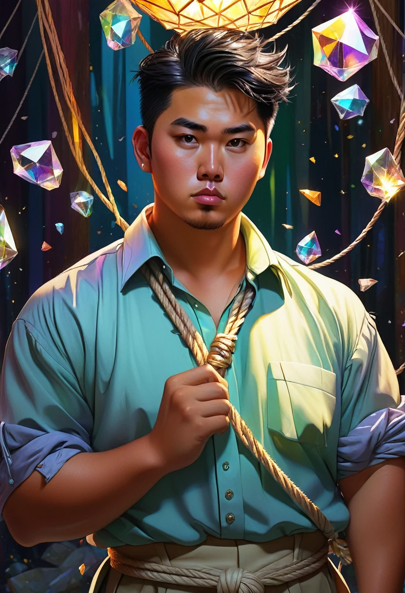 a 27 year old asian malay chinese male, tanned skin, chubby, handsome and a little quirky, work clothes with tied up sleeves, surrounded by crystal shards, perfect fingers, homo-erotic, high quality, masterpiece, studio lighting, vivid colors, concept art, digital painting