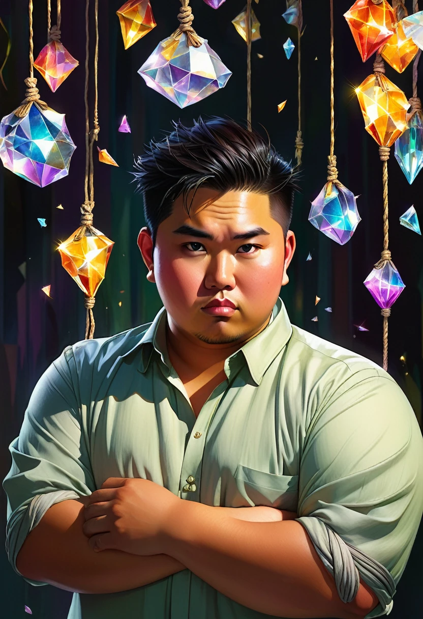 a 27 year old asian malay chinese male, tanned skin, chubby, handsome and a little quirky, work clothes with tied up sleeves, surrounded by crystal shards, perfect fingers, homo-erotic, high quality, masterpiece, studio lighting, vivid colors, concept art, digital painting