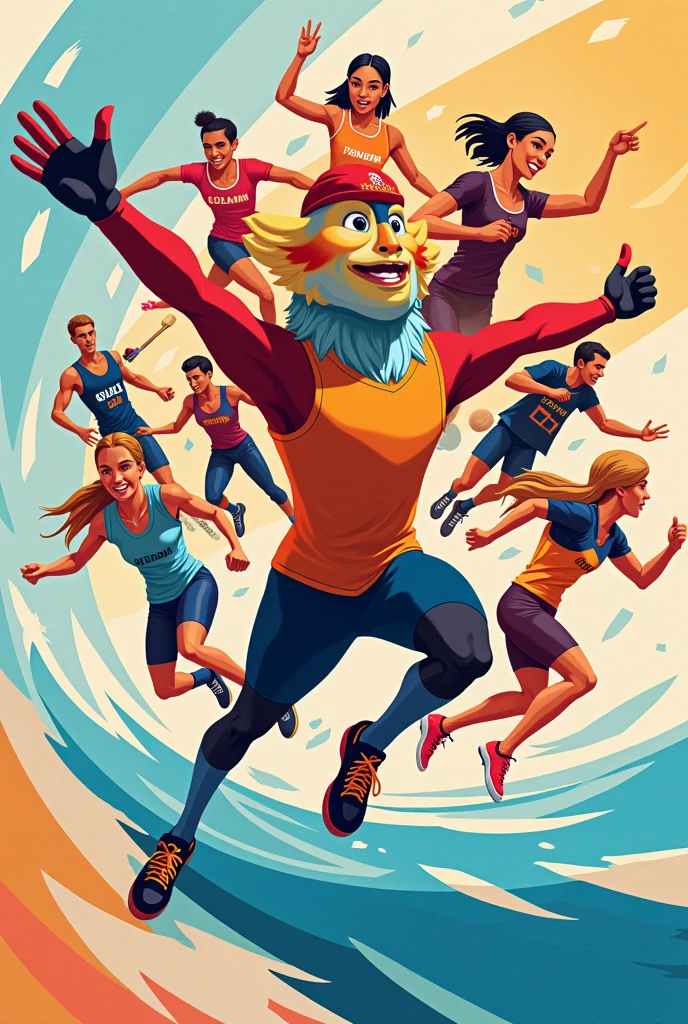 Central Image:
Feature a vibrant illustration of Olympic Phryge, the official mascot, at the heart of the poster. The mascot should be depicted in action, surrounded by athletes from various sports, all in motion. The athletes can be shown in dynamic poses, representing different sports like javelin, swimming, shooting, and hockey, symbolizing unity and diversity.