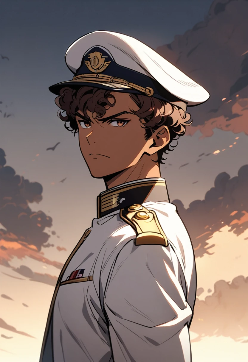 curly hair,marine,guy,serious,tan skin,white uniform,navy,brown dark hair,short hair,hat