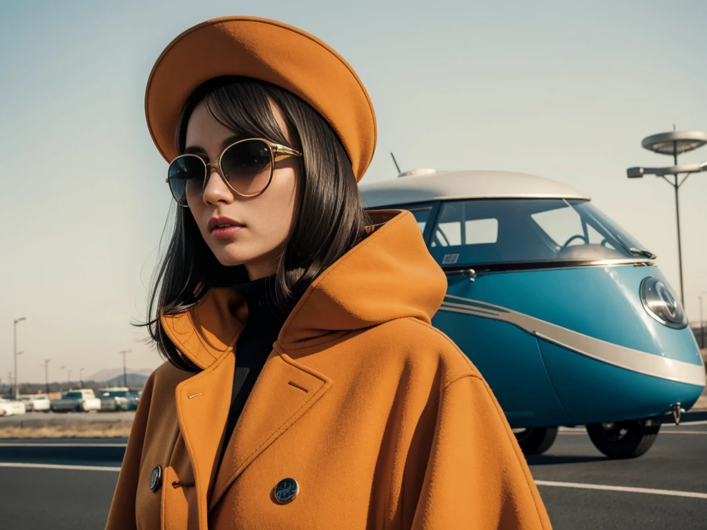 The best mobile wallpaper, Award-winning wallpaper, Portrait Photography, In front view is a portrait of a dog wearing 1960s mid-century space-age fashion, Side view shot, Shot with Canon EOS R5, Setting a stark contrast that accentuates the subject, Fluorescent orange shade, Wearing a very fashionable lounge coat and sunglasses are a hip 1960s style, Clothing all in one color, Beautiful background