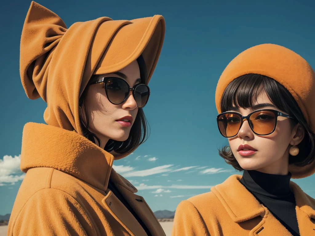 The best mobile wallpaper, Award-winning wallpaper, Portrait Photography, In front view is a portrait of a dog wearing 1960s mid-century space-age fashion, Side view shot, Shot with Canon EOS R5, Setting a stark contrast that accentuates the subject, Fluorescent orange shade, Wearing a very fashionable lounge coat and sunglasses are a hip 1960s style, Clothing all in one color, Beautiful background