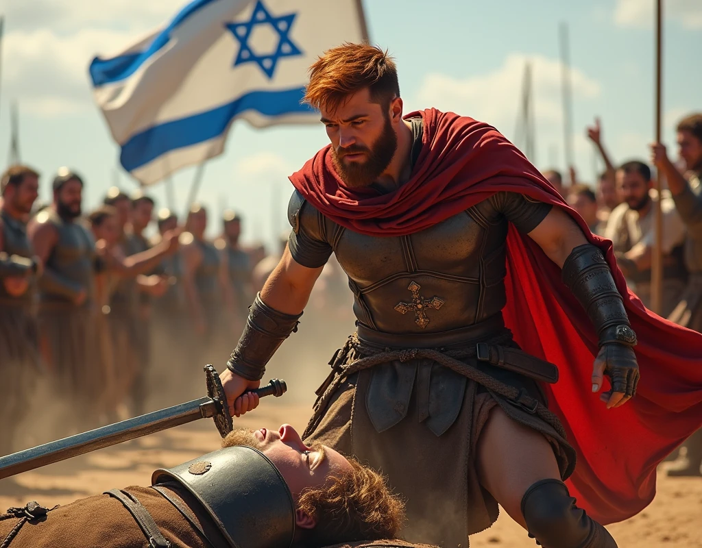 18 year old man with red hair short hair no beard, with sword in hand. in front of you Goliath fallen to the ground with head injuries with several people shouting with the Israeli flag in the background 