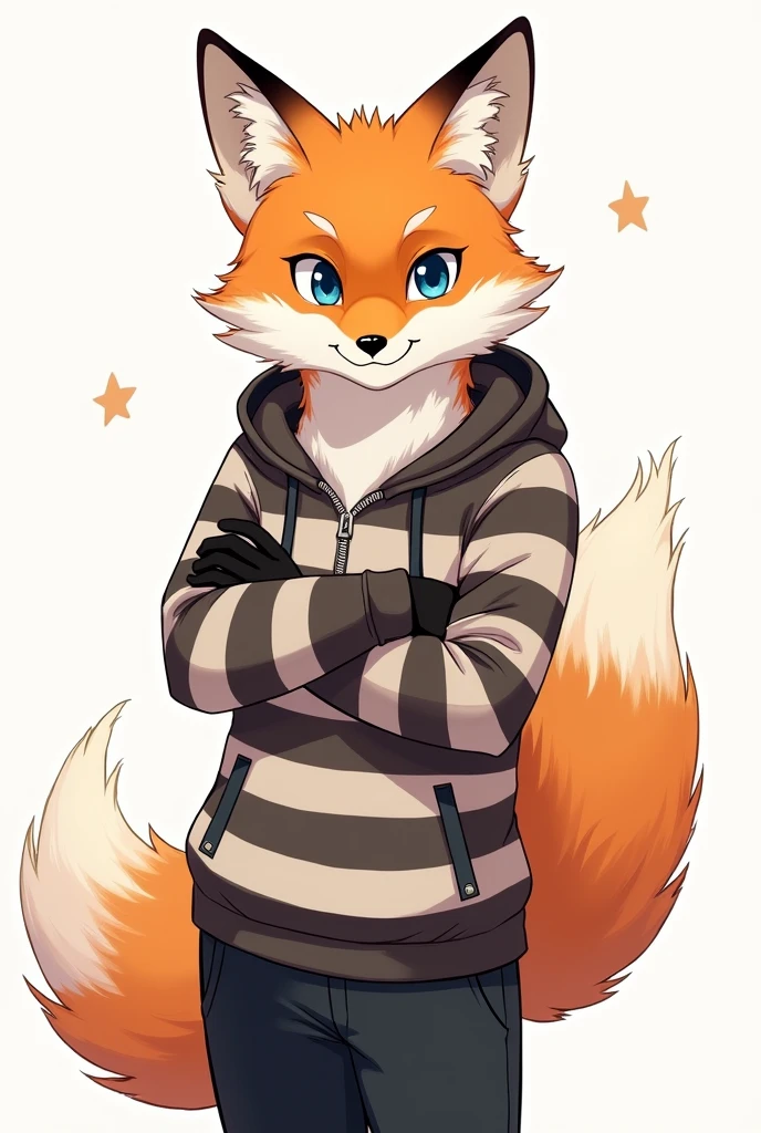 Orange and white fox illustration、professional technology、soft and fluffy fur, Crossed arms, male, striped hoodie 、blue eyes、black long pants、normal physique、edad19、detailed eyes、long sleeve、Clothes up to the waist、Illustration of only the upper body from the waist up.、scribble