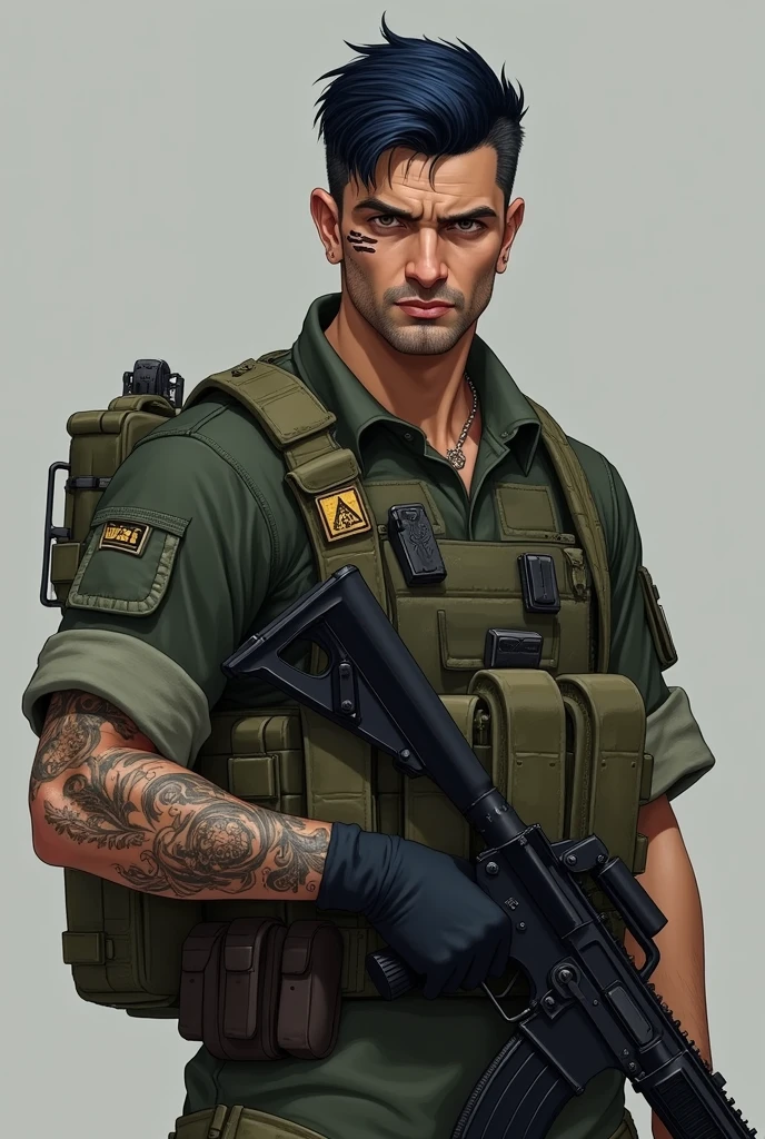 Ivan Craig, male gender, height 1,89, blue black hair, honey-colored eyes, physical appearance of an experienced soldier, wears military clothing almost always, has a scar on his face next to his mouth, he has special tattoos on his arm of the people he couldn't save who were super injured and dying
