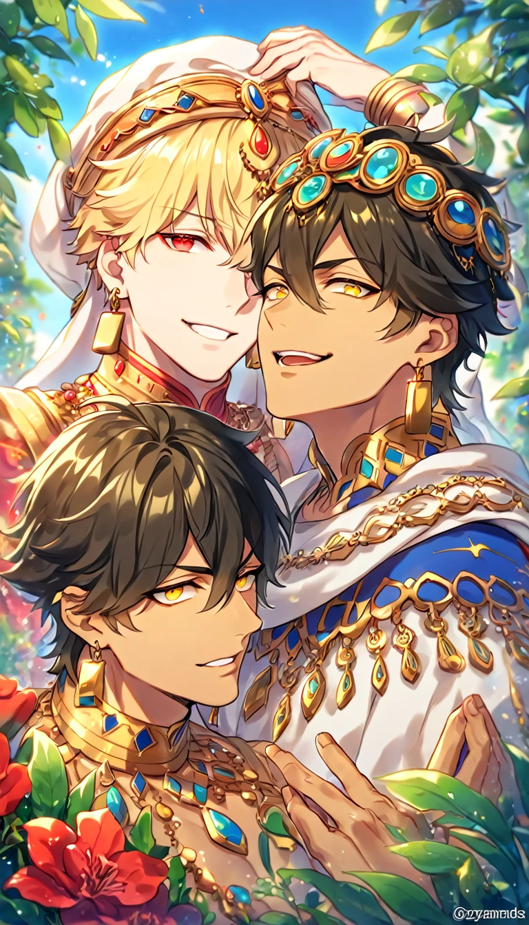 absurdres, highres, ultra detailed, HDR, master piece, best quality, extremely detailed face, delicated features, Gilgamesh, blonde hair, expressive red eyes, Fate Grand Order, Ozymandias, black hair, expressive yellow eyes, two men together, gay couple, yaoi, handsome, manly man, golden earrings, arabian clothes, fantasy, magical, radiant, flowers, garden, blue sky, green leaves