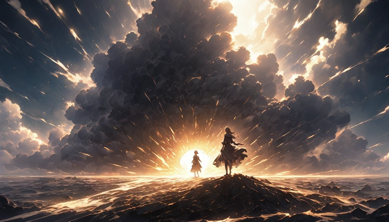 A dramatic scene featuring a lone figure standing at the edge of a vast, shadowy abyss, with cracks running through the ground beneath them, symbolizing internal struggles and the weight of doubts. Behind the figure, a warm, radiant light begins to break through the darkness, casting long shadows and highlighting the path forward. The figure is shown in mid-motion, as if taking a bold step towards the light, with one hand reaching forward, symbolizing the decision to break free and find where they belong. The environment around them is barren, with a few remnants of broken chains or shattered masks lying on the ground, representing the shedding of past fears and pretenses. The sky above is dark with swirling clouds, but there’s a clear break where the light shines through, offering a sense of hope and renewal. The overall composition emphasizes contrast, with the figure poised between the darkness of their past and the light of a hopeful future. The mood is intense, yet uplifting, reflecting determination and the courage to move forward.
