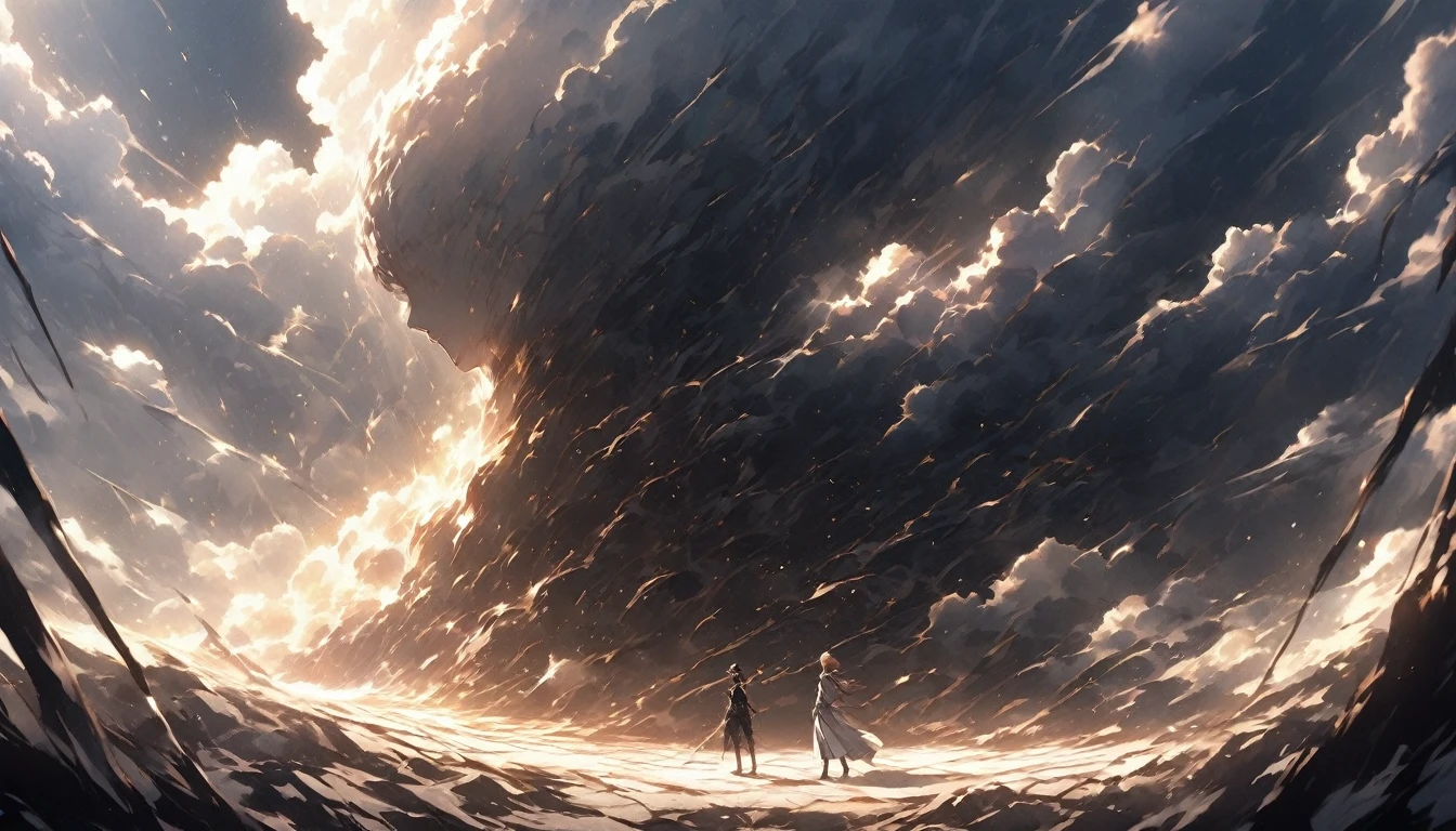 A dramatic scene featuring a lone figure standing at the edge of a vast, shadowy abyss, with cracks running through the ground beneath them, symbolizing internal struggles and the weight of doubts. Behind the figure, a warm, radiant light begins to break through the darkness, casting long shadows and highlighting the path forward. The figure is shown in mid-motion, as if taking a bold step towards the light, with one hand reaching forward, symbolizing the decision to break free and find where they belong. The environment around them is barren, with a few remnants of broken chains or shattered masks lying on the ground, representing the shedding of past fears and pretenses. The sky above is dark with swirling clouds, but there’s a clear break where the light shines through, offering a sense of hope and renewal. The overall composition emphasizes contrast, with the figure poised between the darkness of their past and the light of a hopeful future. The mood is intense, yet uplifting, reflecting determination and the courage to move forward.