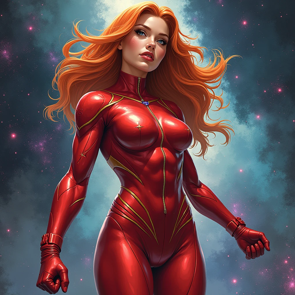  muscular woman mesmerizingly beautiful REDHEAD CARAMEL diamond zero suit samus FLYING IN SPACE GALAXY front portrait face to waist, advanced punk figurative art background, estilo alex petruk
