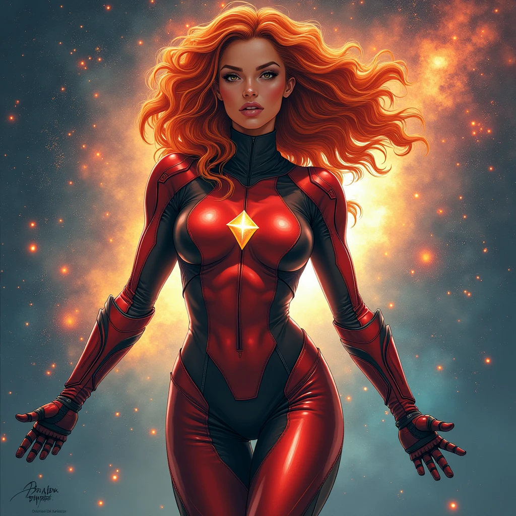  muscular woman mesmerizingly beautiful REDHEAD CARAMEL diamond zero suit samus FLYING IN SPACE GALAXY front portrait face to waist, advanced punk figurative art background, estilo alex petruk
